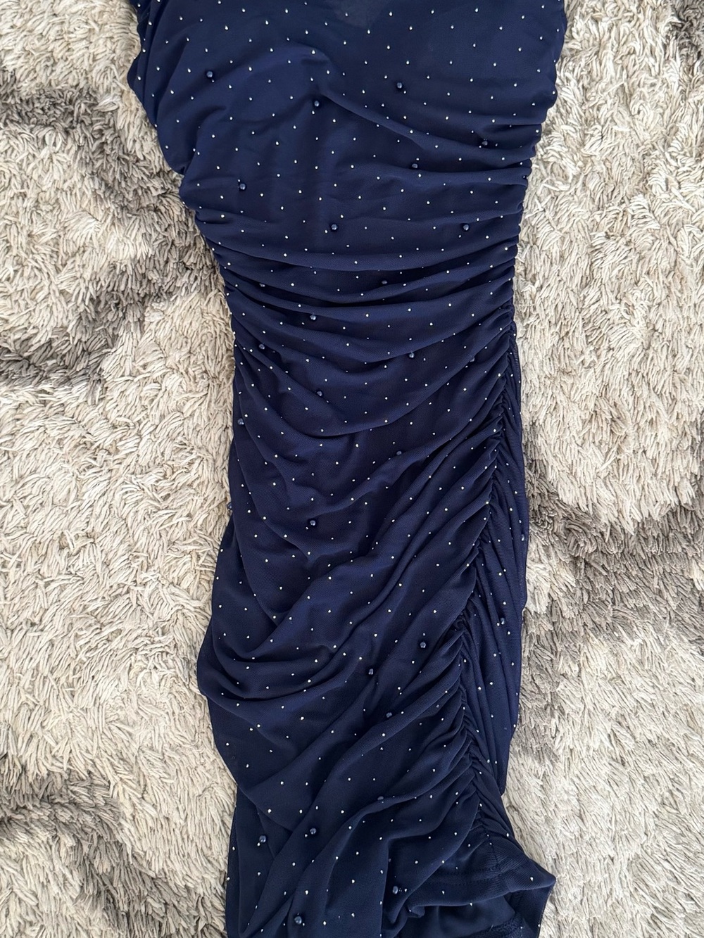 Elegant Navy Ruched Evening Dress with pearl Detail
